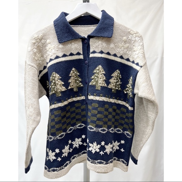 Navy Beige Button Down Embroidered Christmas Scene Sweater Knit Cardigan - Picture 10 of 16